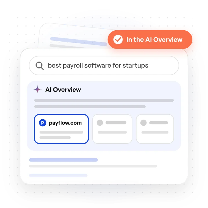 Search results page where the AI Overview for best payroll software for startups features payflow.com as its first source, above the organic listings