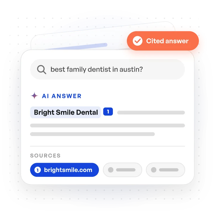 AI answer card for the search best family dentist in austin, naming Bright Smile Dental and citing brightsmile.com as its first source