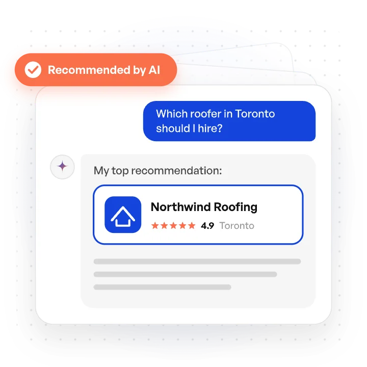 AI chat where a user asks which roofer in Toronto to hire and the assistant recommends Northwind Roofing, rated 4.9 stars